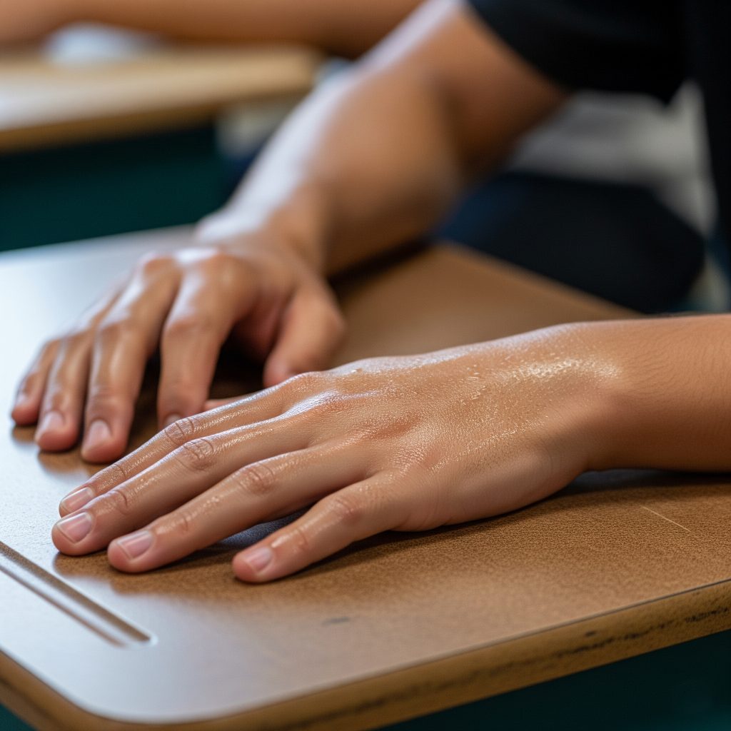 Sweaty hands on a school desk showing early signs of childhood hyperhidrosis