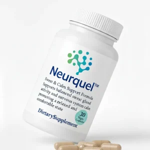 A white bottle of Neurquel Sweat and Calm Support Formula Dietary Supplement is shown tilted at an angle with several beige capsules spilled in front