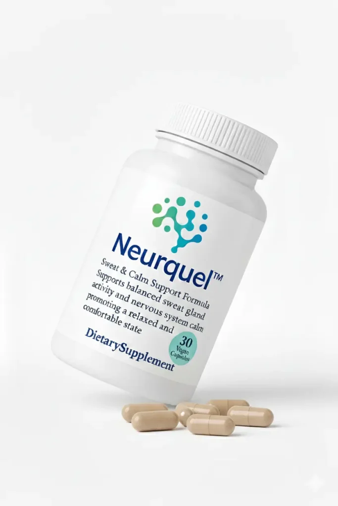 A white bottle of Neurquel Sweat and Calm Support Formula Dietary Supplement is shown tilted at an angle with several beige capsules spilled in front