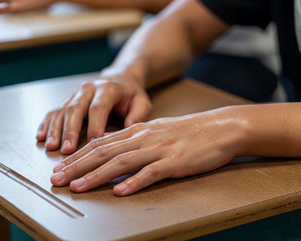 Sweaty hands on a school desk showing early signs of childhood hyperhidrosis