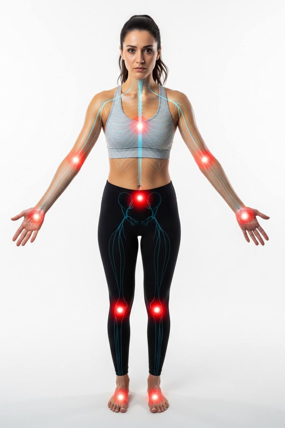 Body nervous system diagram showing hyperhidrosis trigger points in hands, feet, and underarms